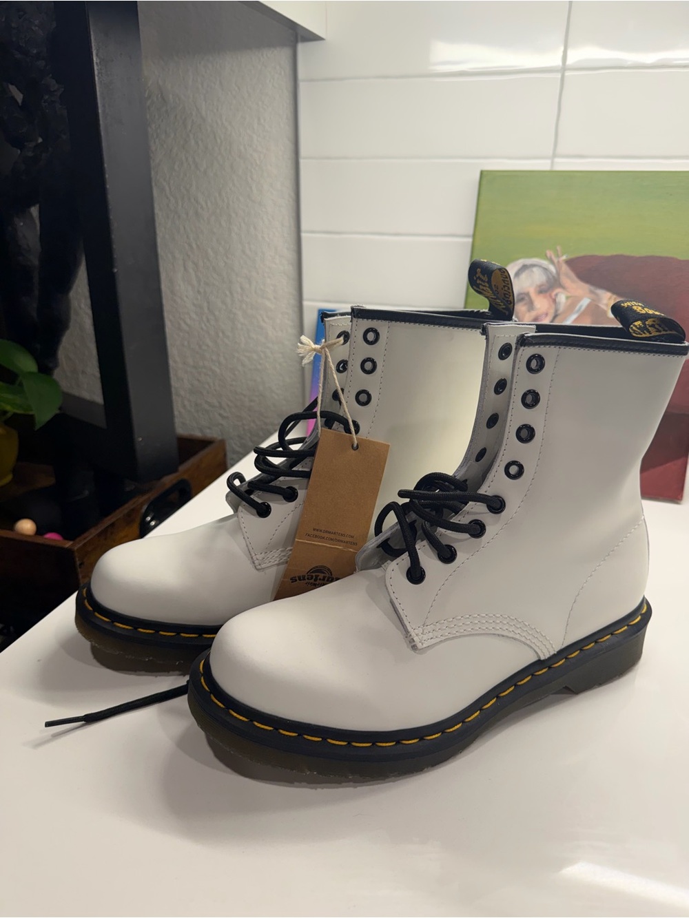 Dr. Martens White Lace-Up Combat Boots with Black Laces size 9 / NWT